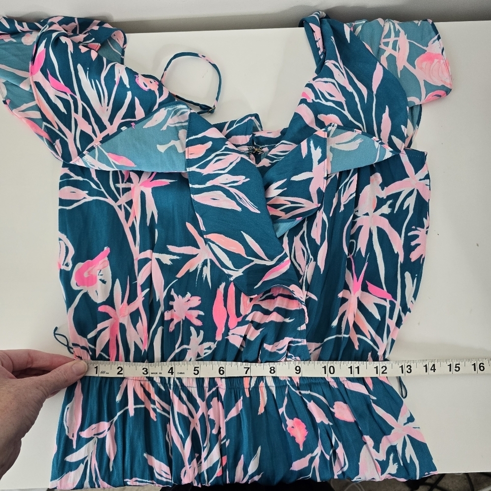 Lilly Pulitzer Emilea Jumpsuit S Tidal Wave Prme Time Print Ruffles Wide Leg - Picture 9 of 14